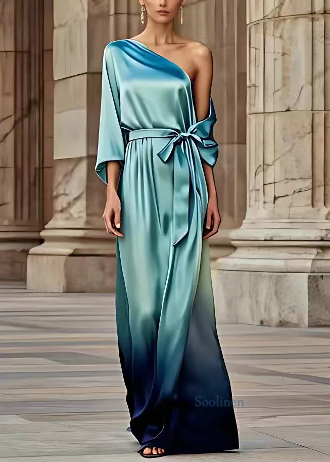 Pre sale - shipping in 30 days/Fine Blue Asymmetrical Tie Waist Silk Holiday Maxi Dress Long Sleeve