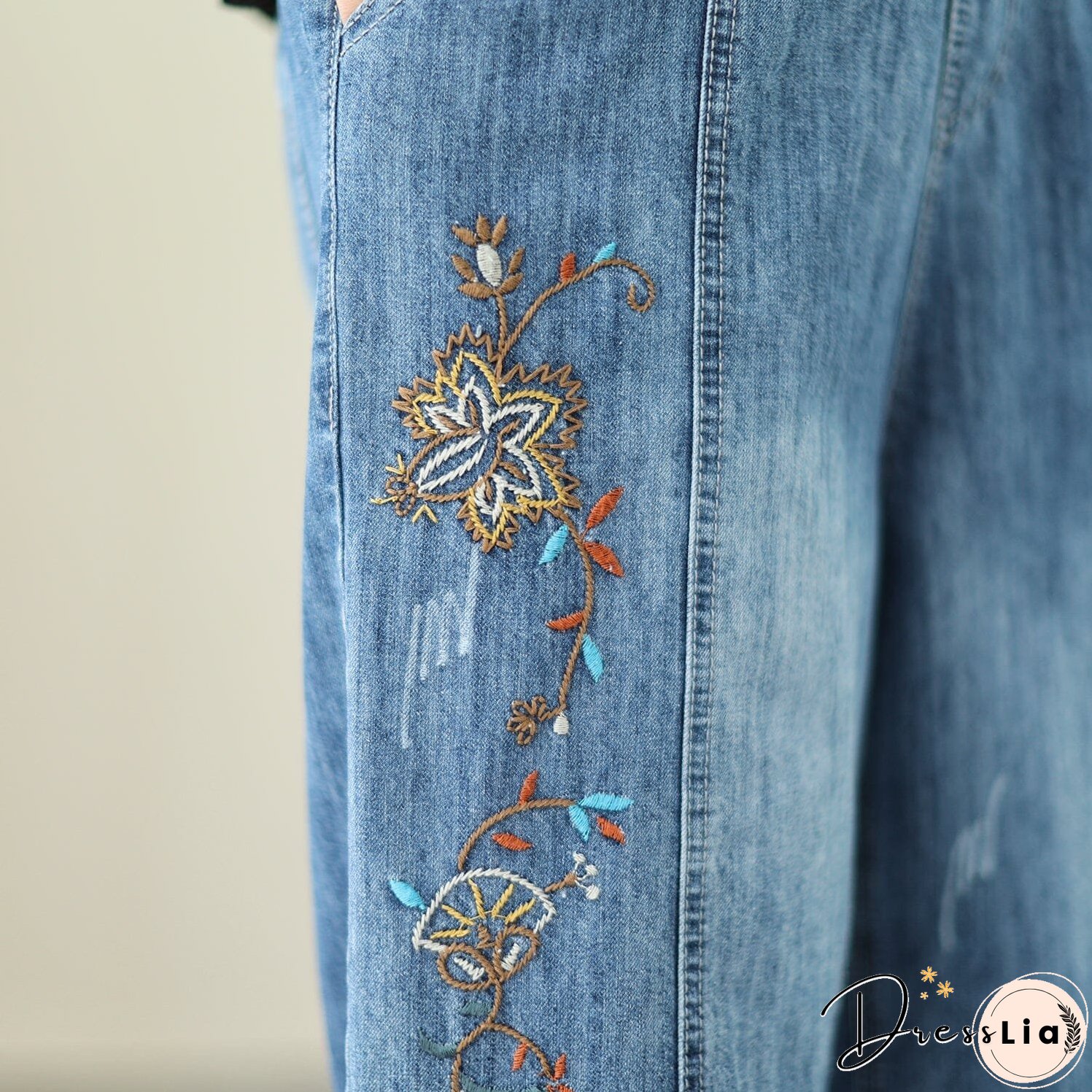 Summer Casual Embroidery Wide Leg Denim Pants