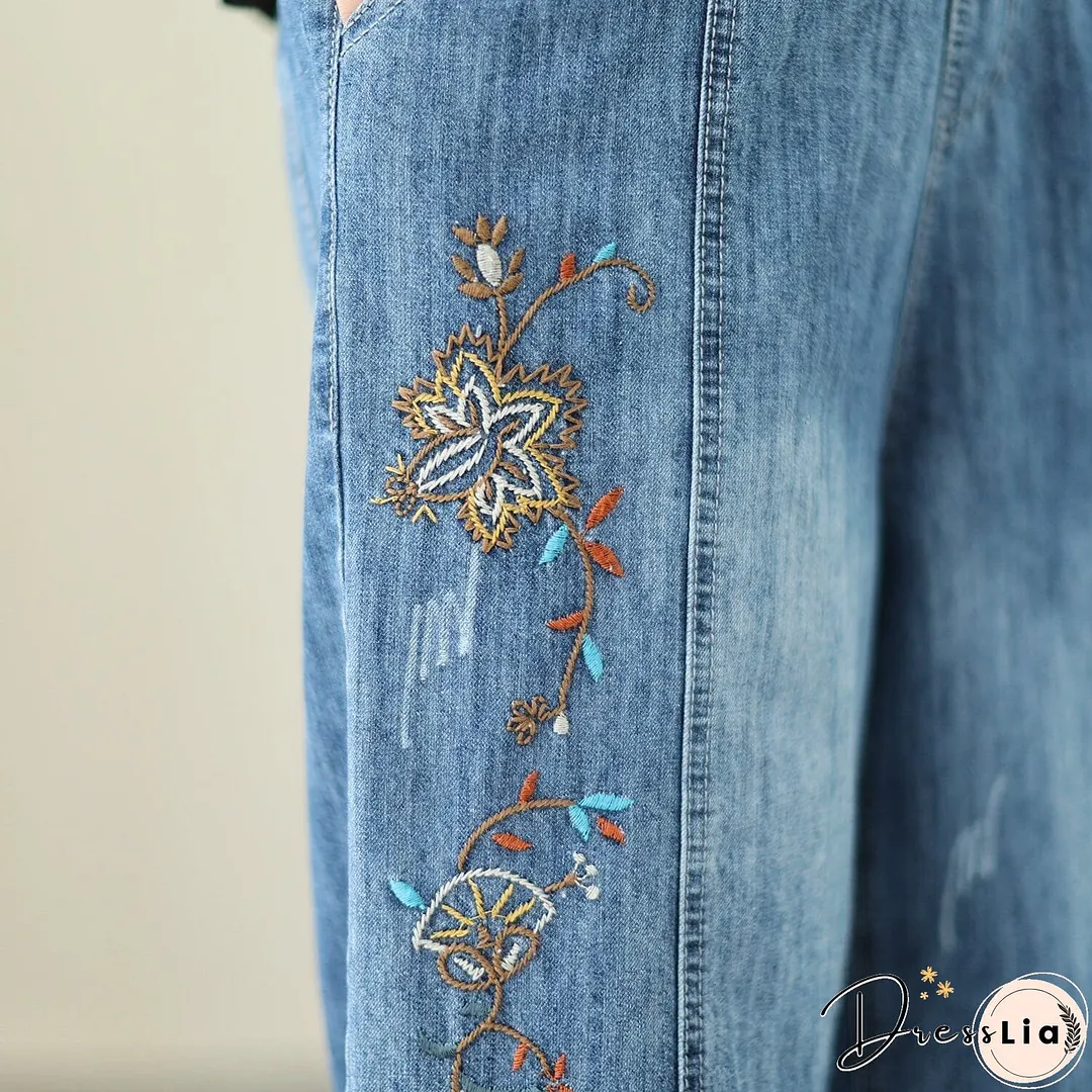 Summer Casual Embroidery Wide Leg Denim Pants