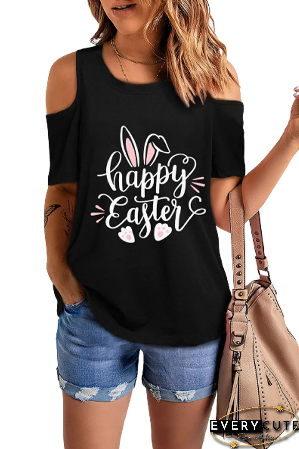 Black Happy Easter Bunny Print Cold Shoulder Graphic Tee