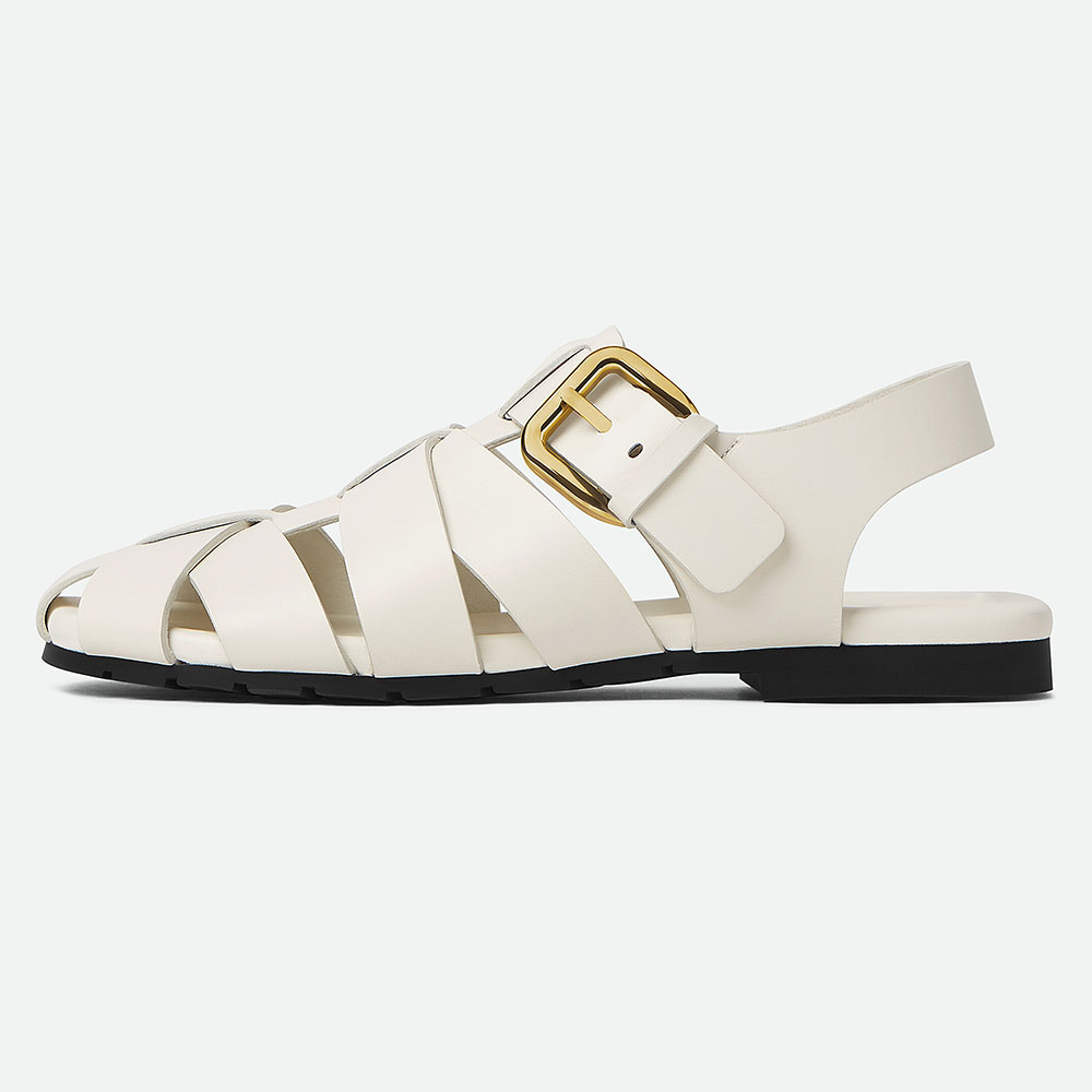 White Caged Buckle Ankle Strap Round Toe Flat Womens Sandals Nicepairs