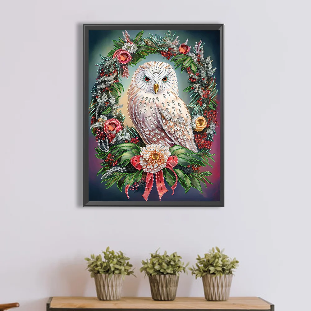 Diamond Painting - Partial Special Shaped Drill - Xmas Owl Wreath(Canvas|30*40cm)