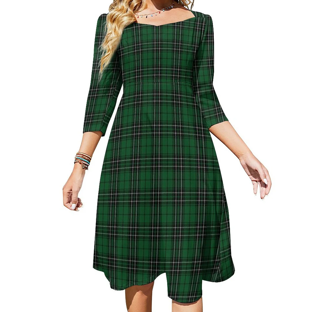 Scottish Clan Maclean Green Black Hunting Tartan Dress Sweetheart Tie Back Flared 3/4 Sleeve Midi Dresses