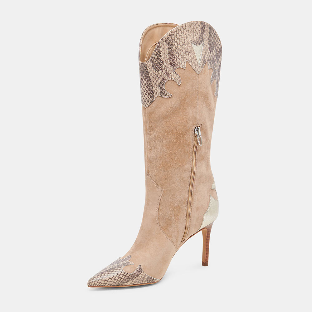 Tan Python Embossed Patchwork Stiletto Heel Cowgirl Boots with Zipper Nicepairs