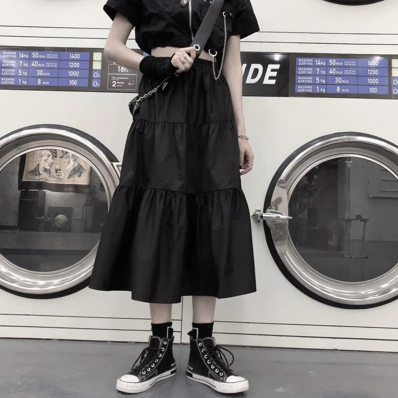 HOUZHOU Gothic Long Skirts Women Black Goth High Waisted Patchwork Midi Skirt Summer Japanese Style Harajuku Punk Streetwear