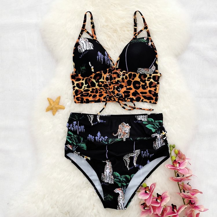 Flaxmaker Sling V-neck Leopard Print Bikini Swimsuit