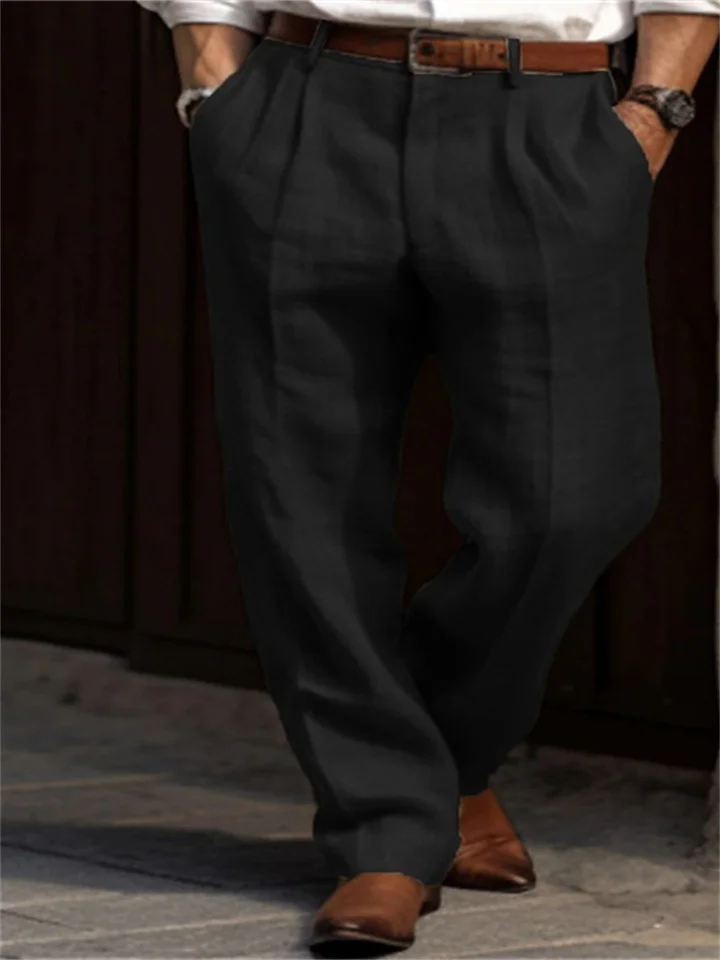 Men's Linen Pants Double Pleated Solid Color Comfortable Breathable Casual Cotton Blend Fashion