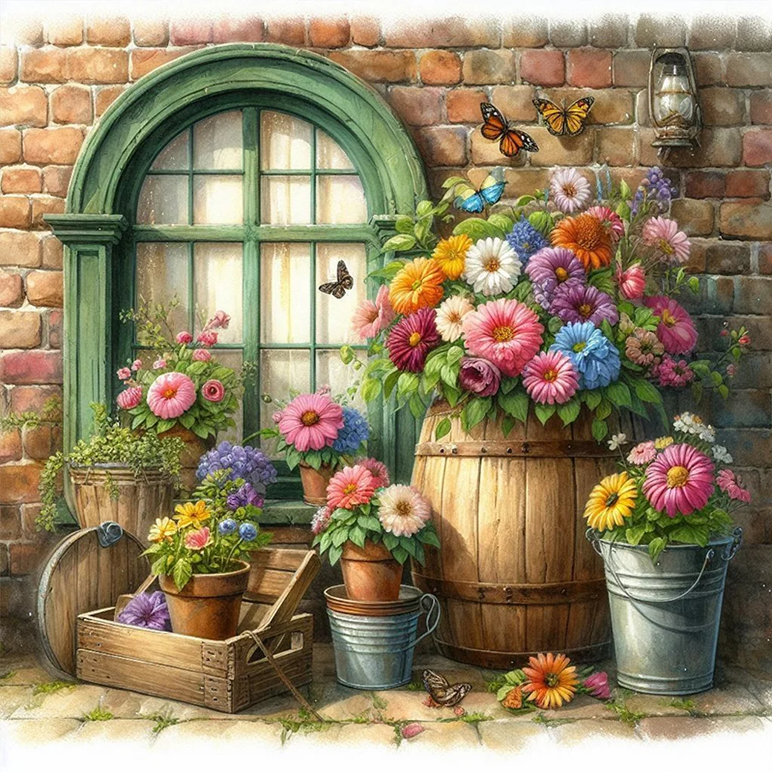 Flowers By The Window Full 11CT DIY Stamped Cross Stitch Kits 40x40cm for Adults