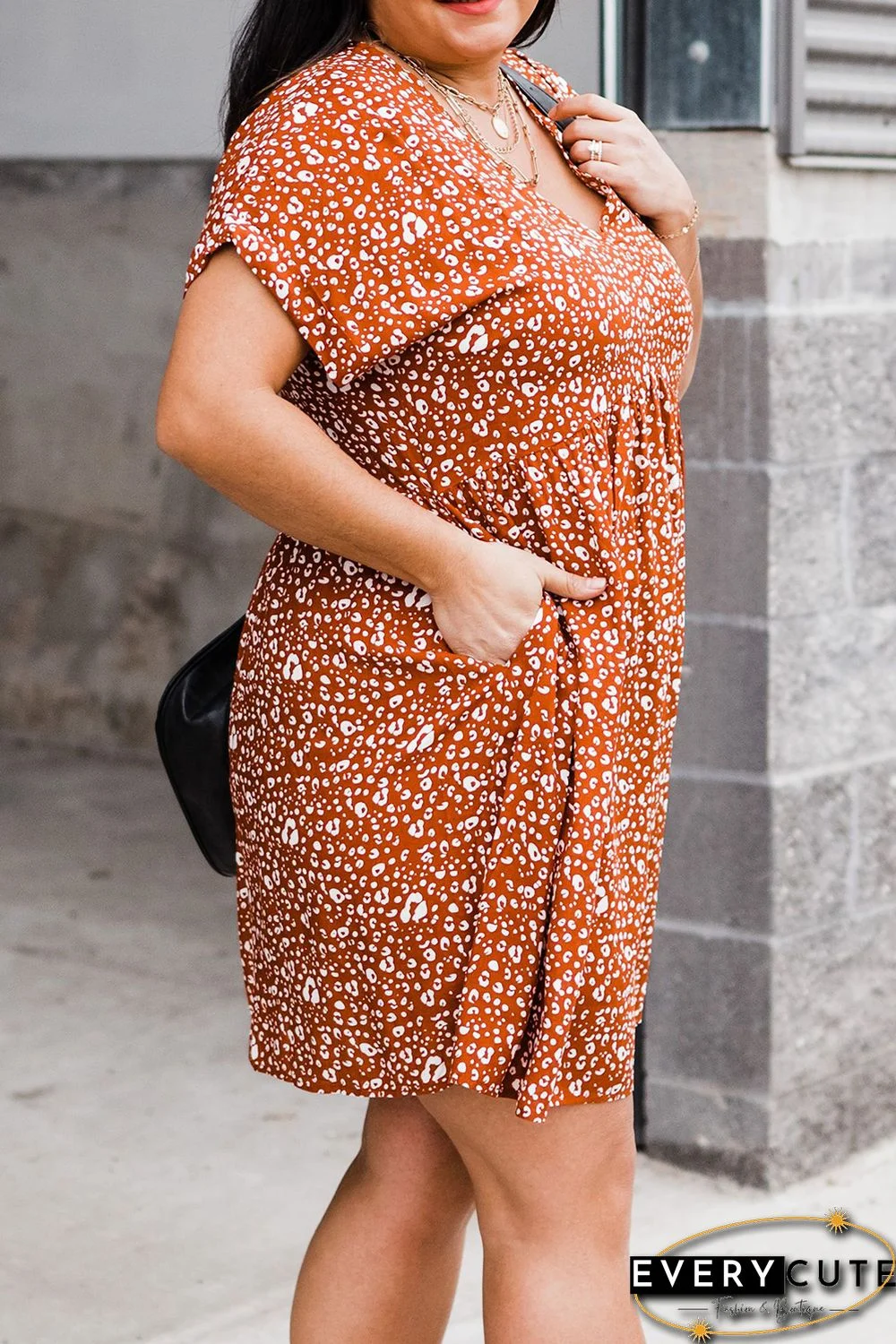 Orange Plus Size V Neck Leopard Print Short Sleeve Mini Dress