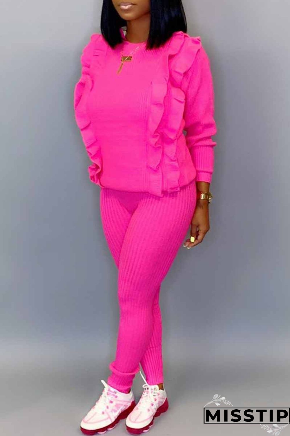 Pink Fashion Casual Solid Patchwork O Neck Long Sleeve Two Pieces