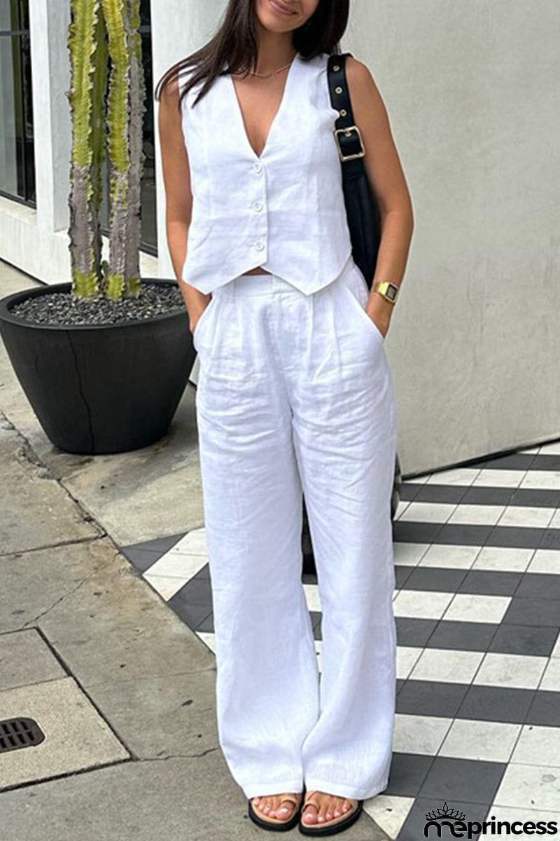 Casual Simplicity Solid Buckle V Neck Sleeveless Two Pieces