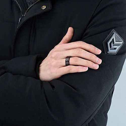 8MM Women's Or Men's Black Hammered Finish Tungsten Carbide Wedding Rings with Inside Wood Inlay