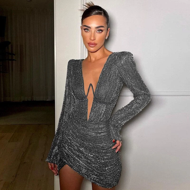 Billlnai Sexy Bright V Neck Long Sleeve Bodycon Mini Dress Party Club Festival Evening Fall Winter 2023 Women  Outfit