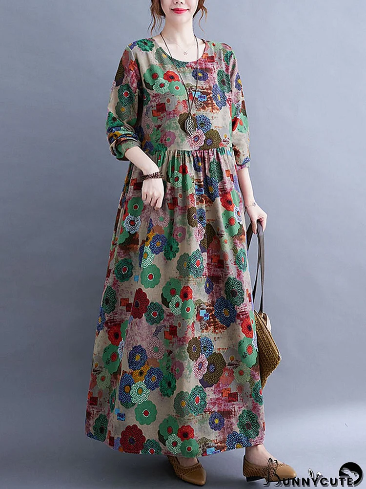 Flower Print Long Sleeve O-neck Loose Dress for Women