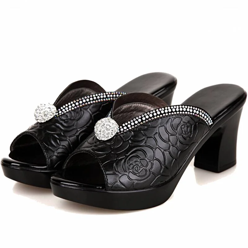 Rhinestone Women sandals comfortable geuine leather thick heels women's casual shoes summer platform sandal