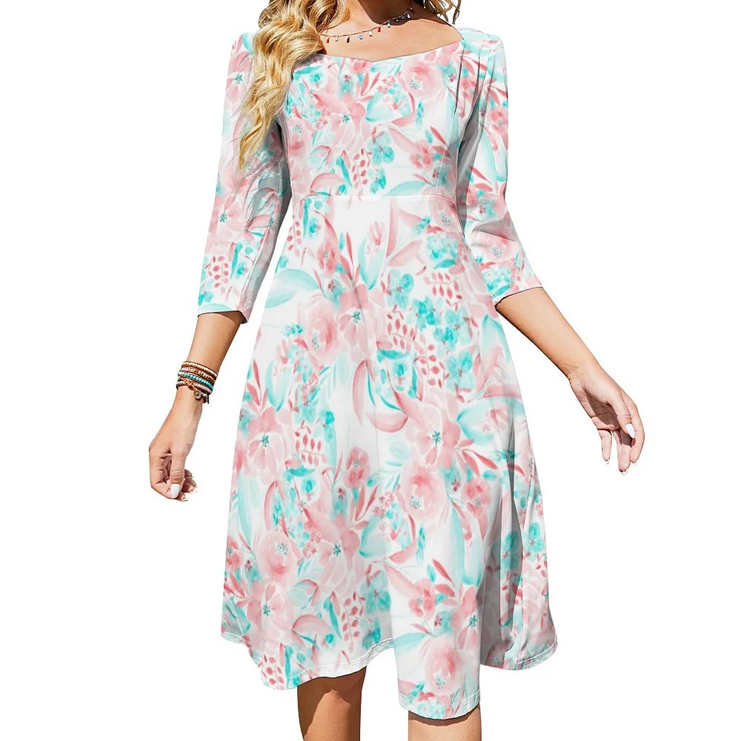 Modern Pink Blue Floral Watercolor Pattern Dress Sweetheart Tie Back Flared 3/4 Sleeve Midi Dresses