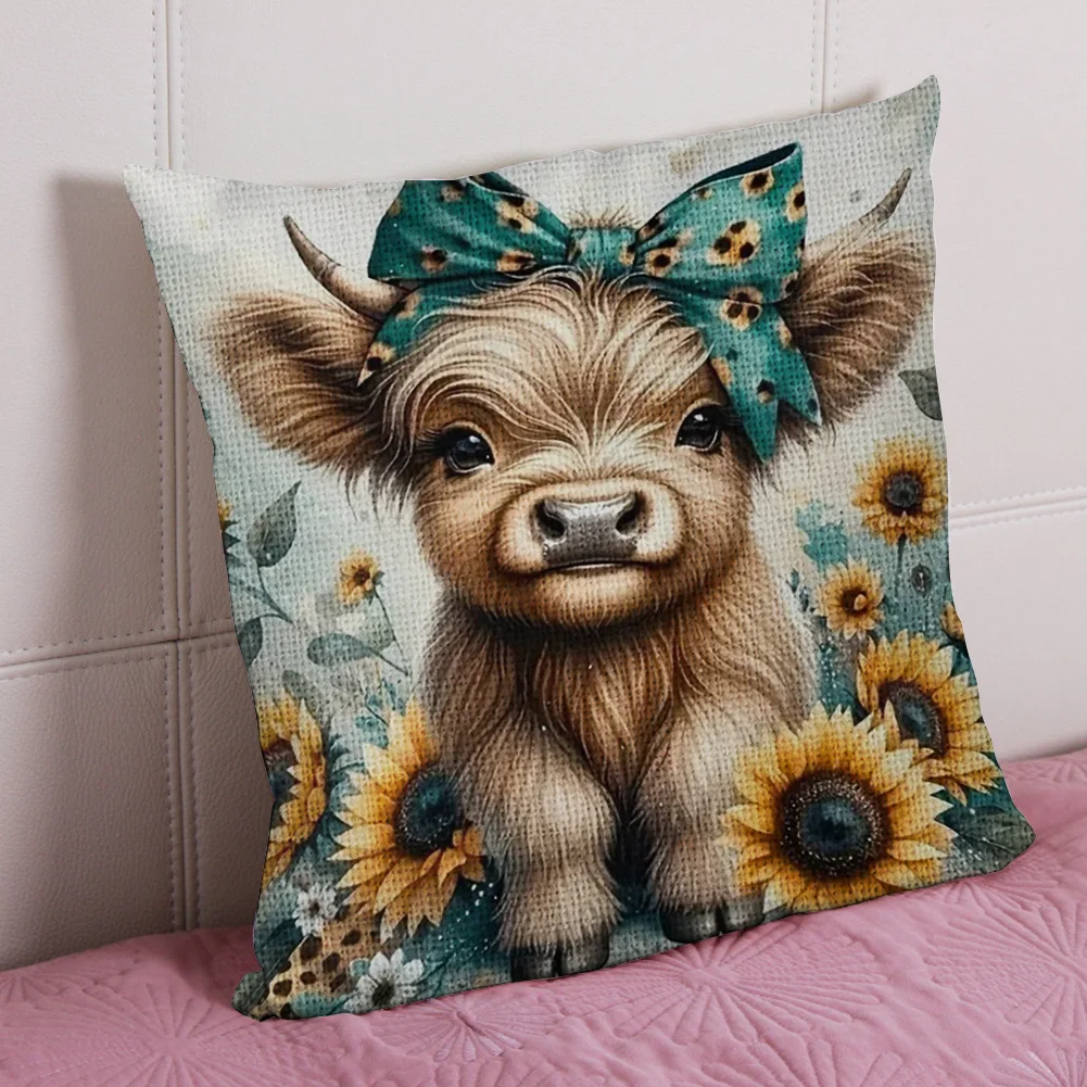 11CT Stamped Cross Stitch Pillowcase - Sunflower Highland Cow(Canvas|45*45CM)