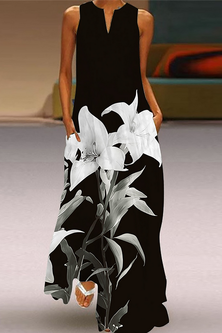 Floral Print V Neck Loose Fit Flowy Maxi Tank Dresses-Black