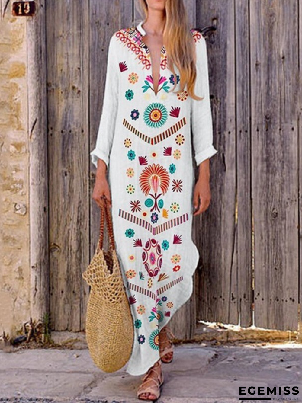 Floral-Print Long Sleeve Floral Summer Dress White Dresses | EGEMISS