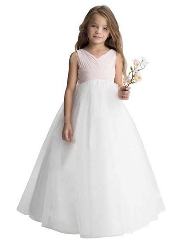 Bellasprom Sleeveless V Neck A-Line Flower Girl Dress Floor Length Tulle With Ruching Bellasprom