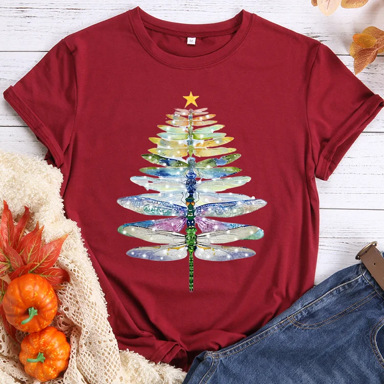 Dragonfly Christmas Tree Round Neck T-shirt