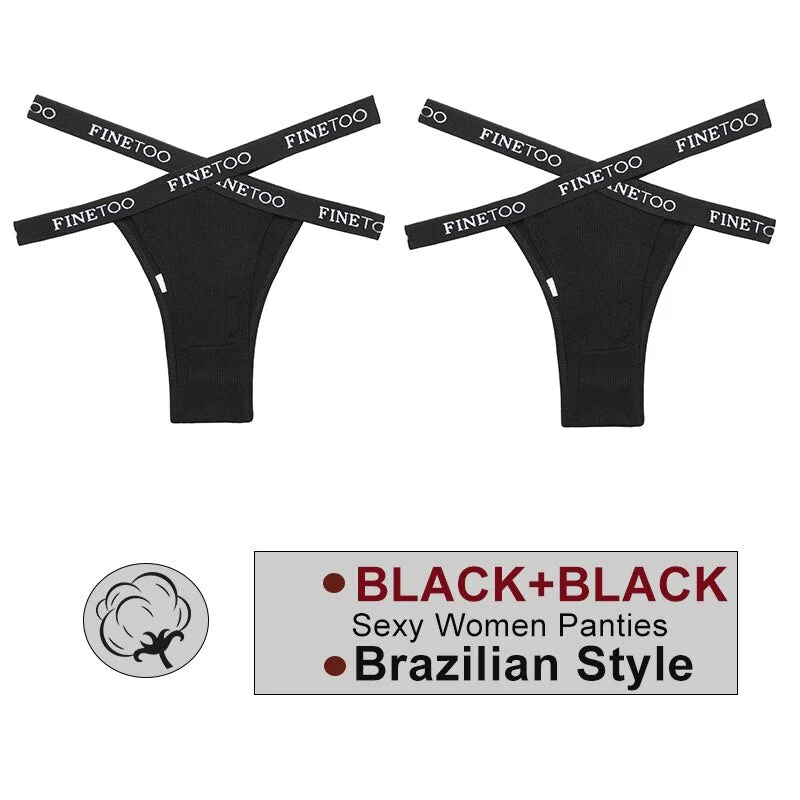 FINETOO 2PCS/Set Women's Cotton Letter Panties Hollow Out Brazilian Pantys Fashion Thong Femme Cross Strap Sexy Woman Underwear
