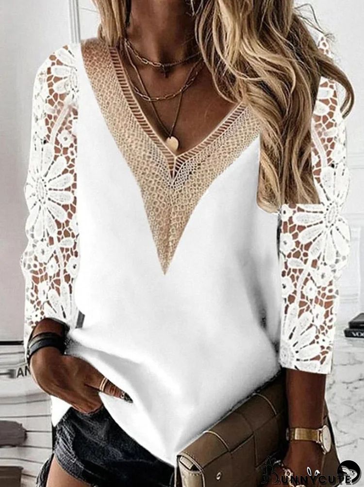 Women's Fashion Lace Stitching Hollow V-Neck Shirt