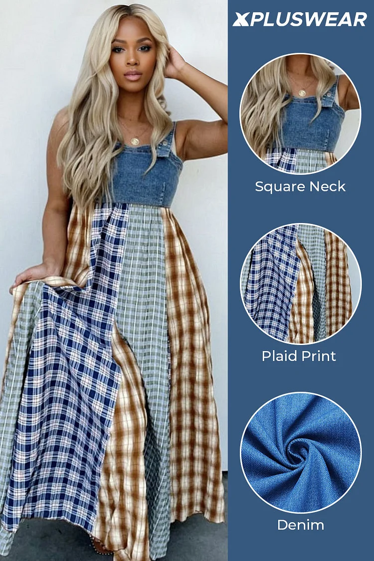 Plus Size Daily Multicolor Casual Plaid Contrast Denim Maxi Dresses [Pre-Order]