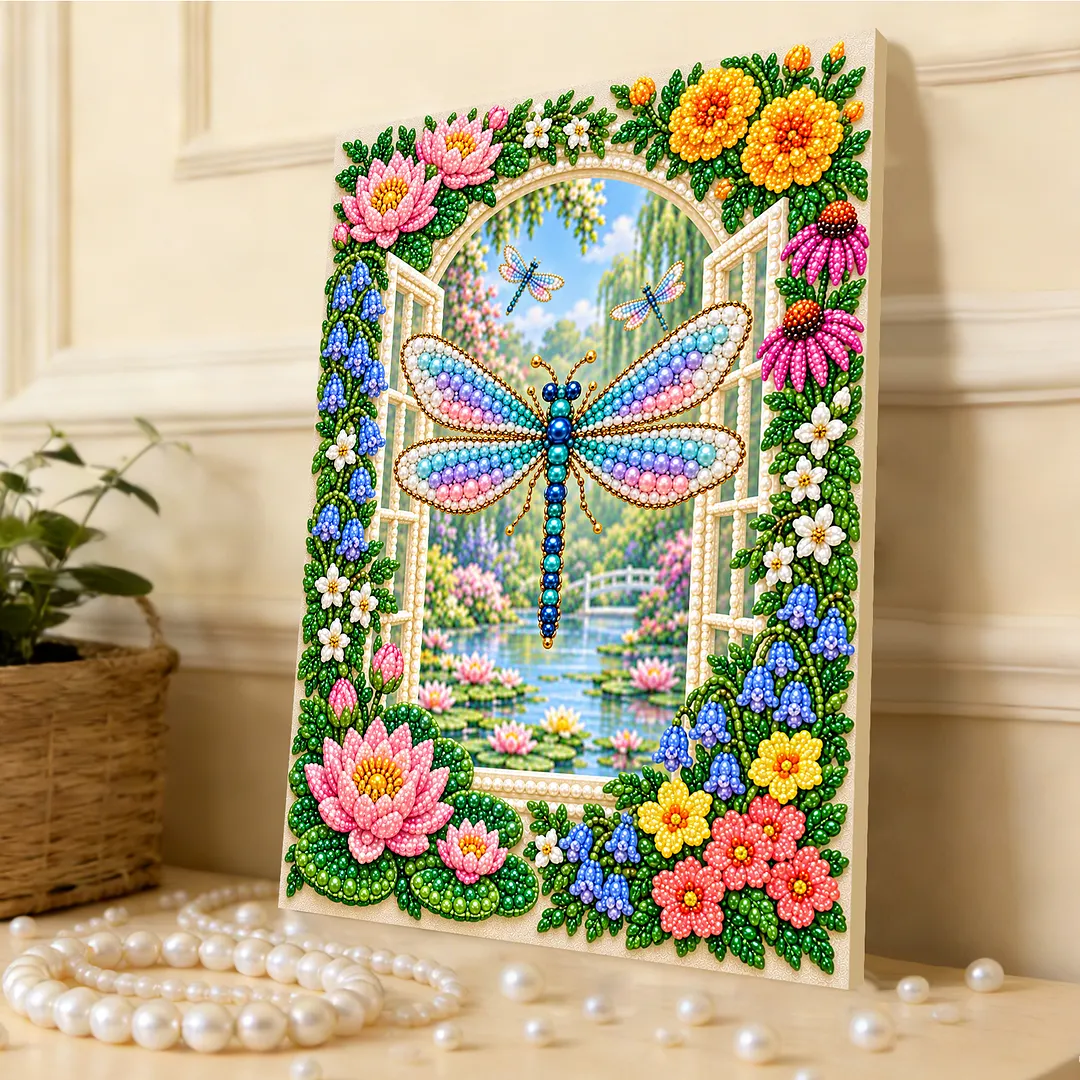 Framed Pearl Painting Kit Dragonfly Flowers 30x40cm