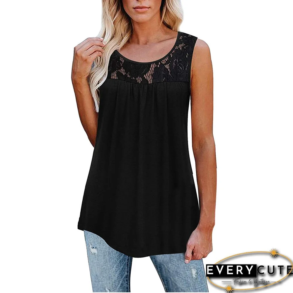 Black Cotton Blend Lace Neck Tank Top