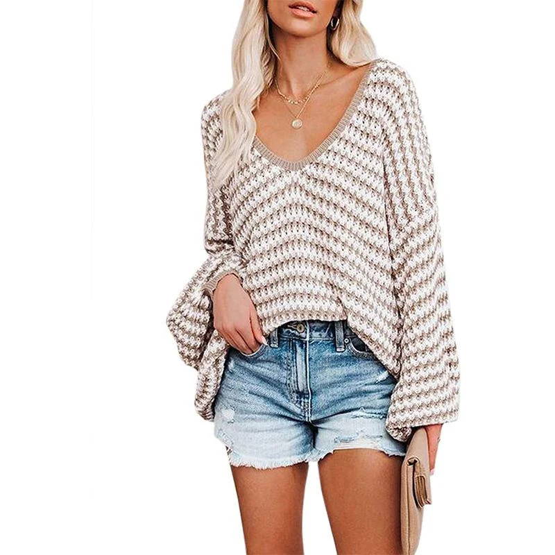Pullover Striped Sweater V-Neck Long Sleeve Sweater