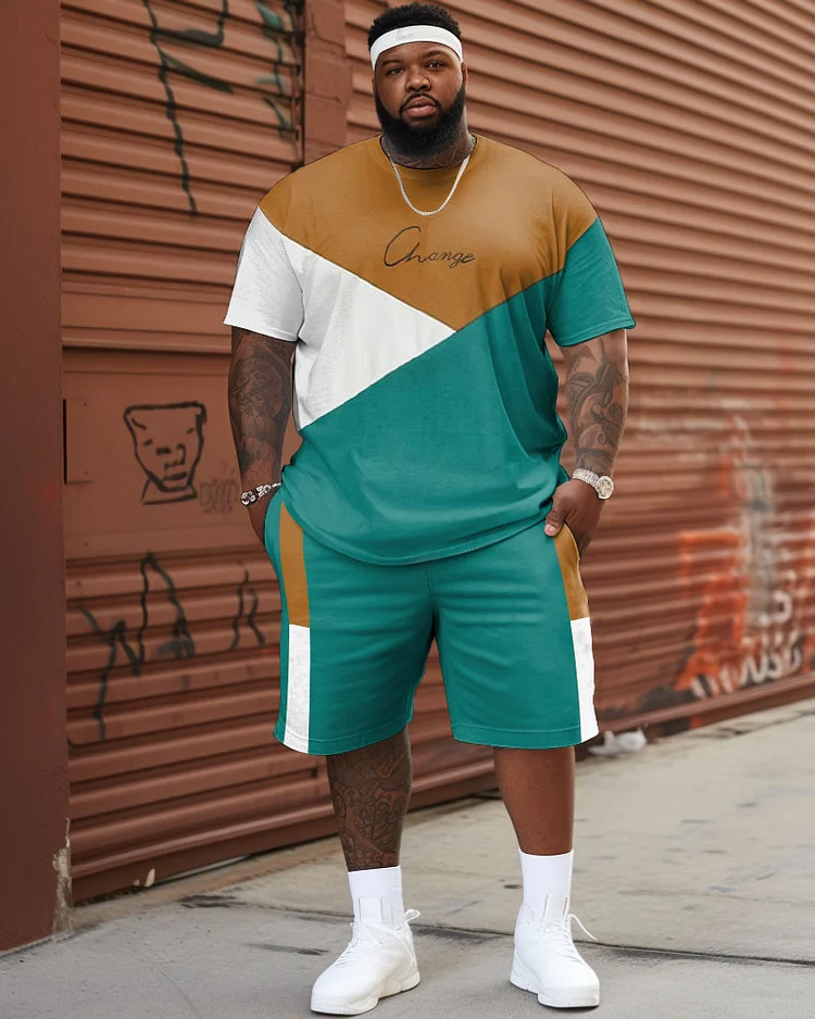 Men's Large Size Contrasting Color Patchwork T-shirt & Shorts Two-piece Set