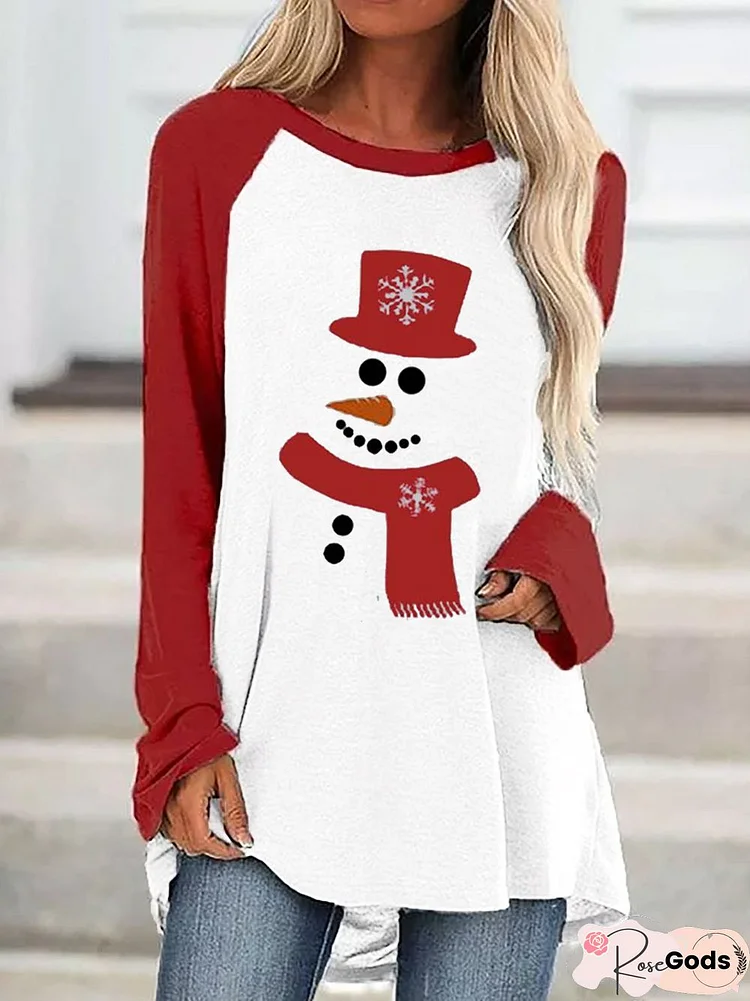 Christmas Snowman Print Vacation Round Neck Mid-Length T-Shirt & Tops