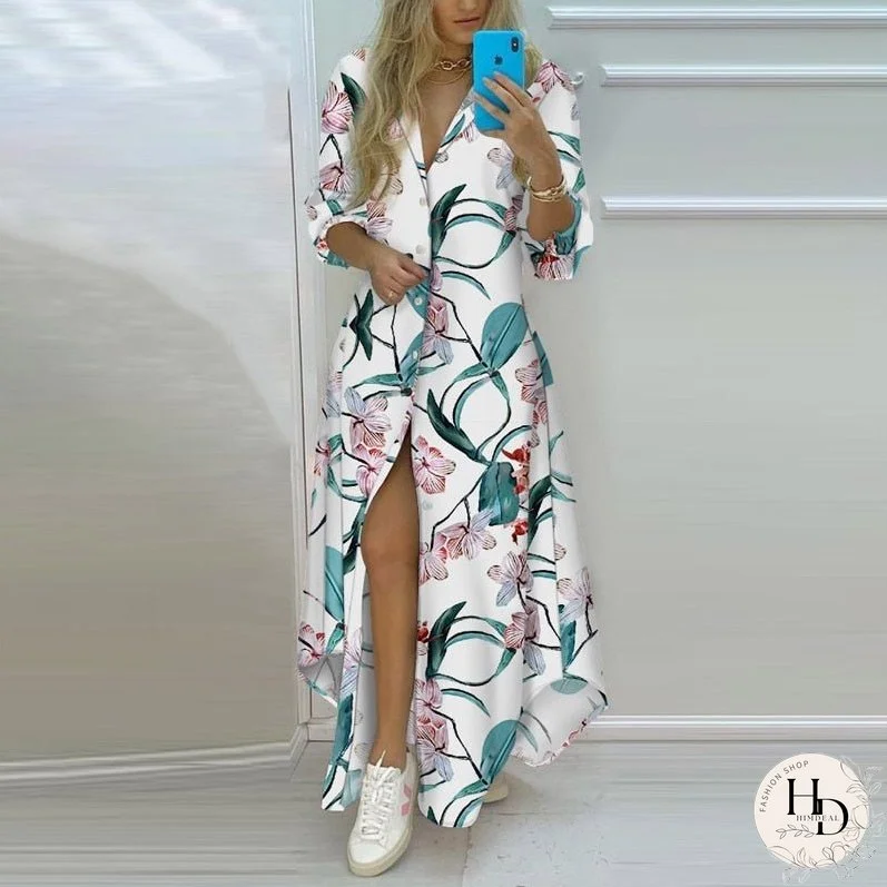 New Spring Summer Striped Split Maxi Dress Casual Turn-Down Collar Button Shirt Long Dress Women Elegant Long Sleeve Party Dress