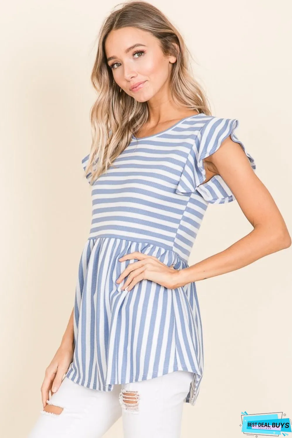BOMBOM Striped Round Neck Blouse