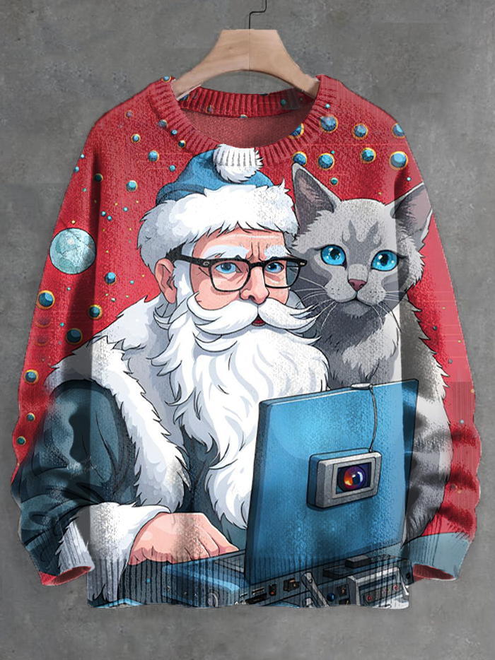 Men's Santa Claus And A Cat Working Together Print Knit Sweatshirt