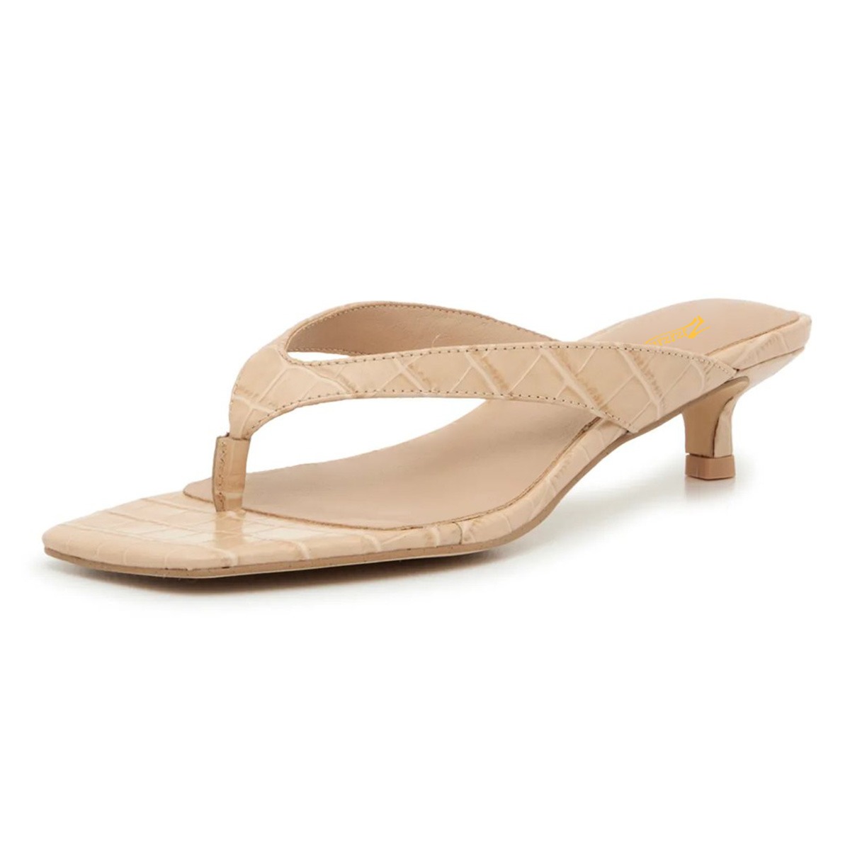 Beige Open Square Toe Crocodile Embossed Flip Flop Low Heel Sandals Nicepairs