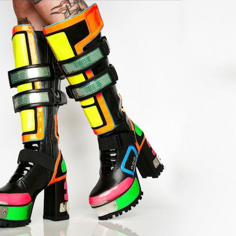 VCSHOES Platform Motorcycle Boots Metal Round Head Chunky Heel Shoes Street Style Hook Loop Mid Calf Boots
