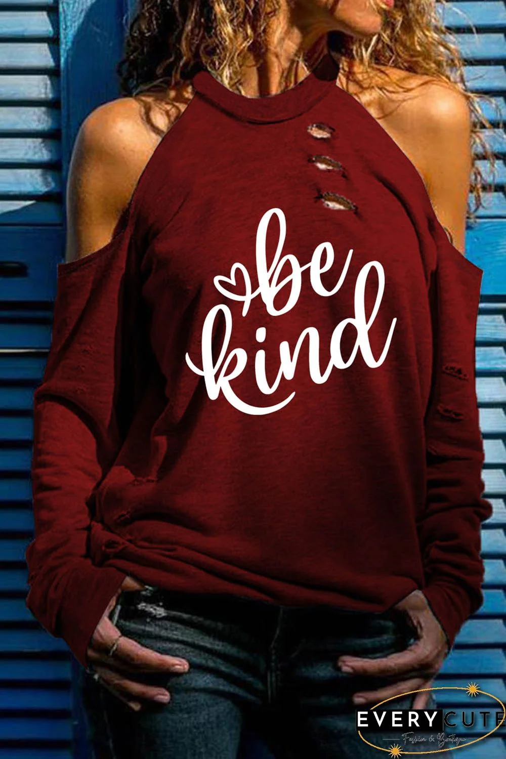 Valentine Be Kind Heart Print Ripped Cold Shoulder Top