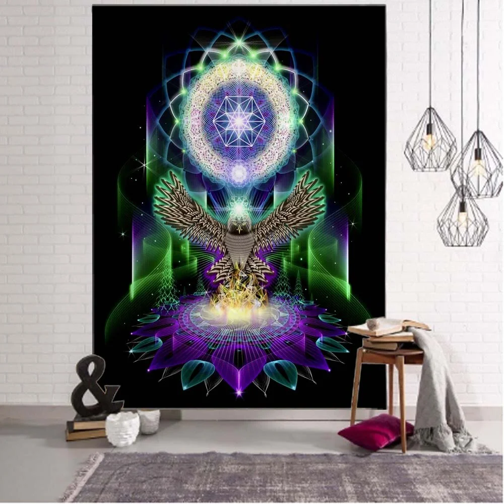 Nigikala Crow Tapestry Psychedelic Rune Character Art Wall Hanging Home Wall Decor Hippie Witchcraft Tarot Room Background Cloth