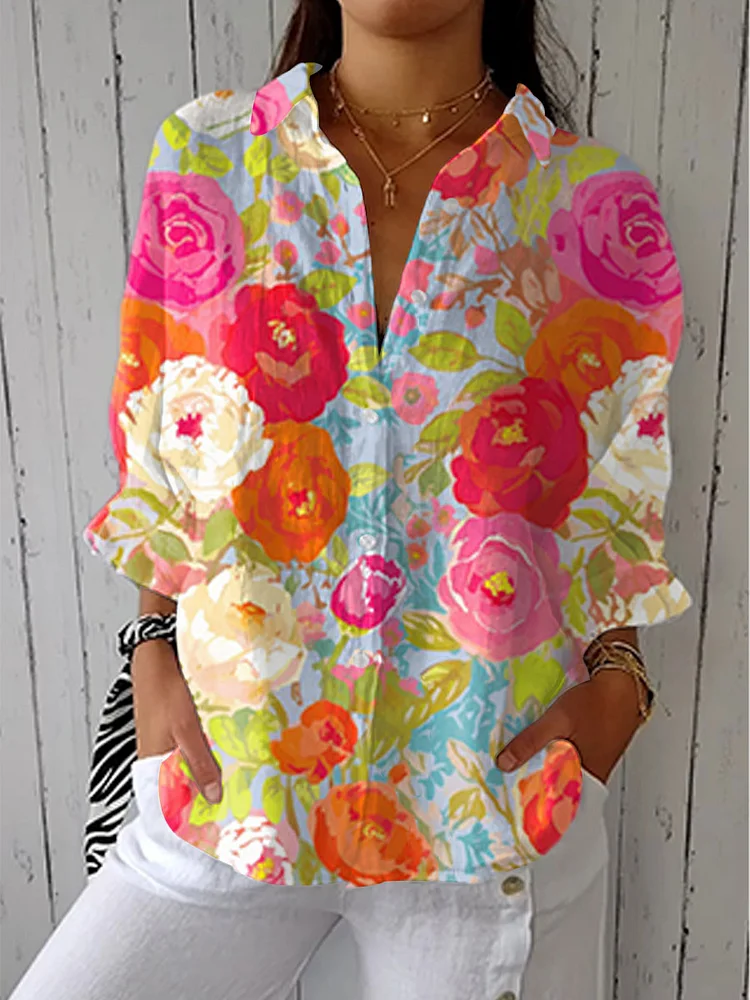 Women's  Fresh Floral Art Print Casual Linen V-neck Shirt
