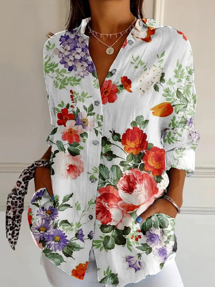 WomenArt Rose Flowers Cotton And Linen Shirt