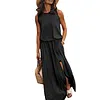 Women's Casual Round Neck Solid Color Sleeveless Slit Jumpsuit Long Dress