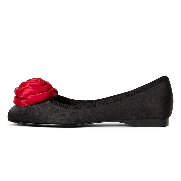 Black Satin Square Toe Ballet Flats with Red Rose Embellishment |FSJ Shoes