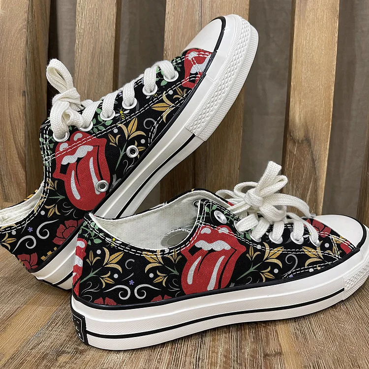 Comstylish Rolling Stones Fun Lip Floral Print Canvas Shoes
