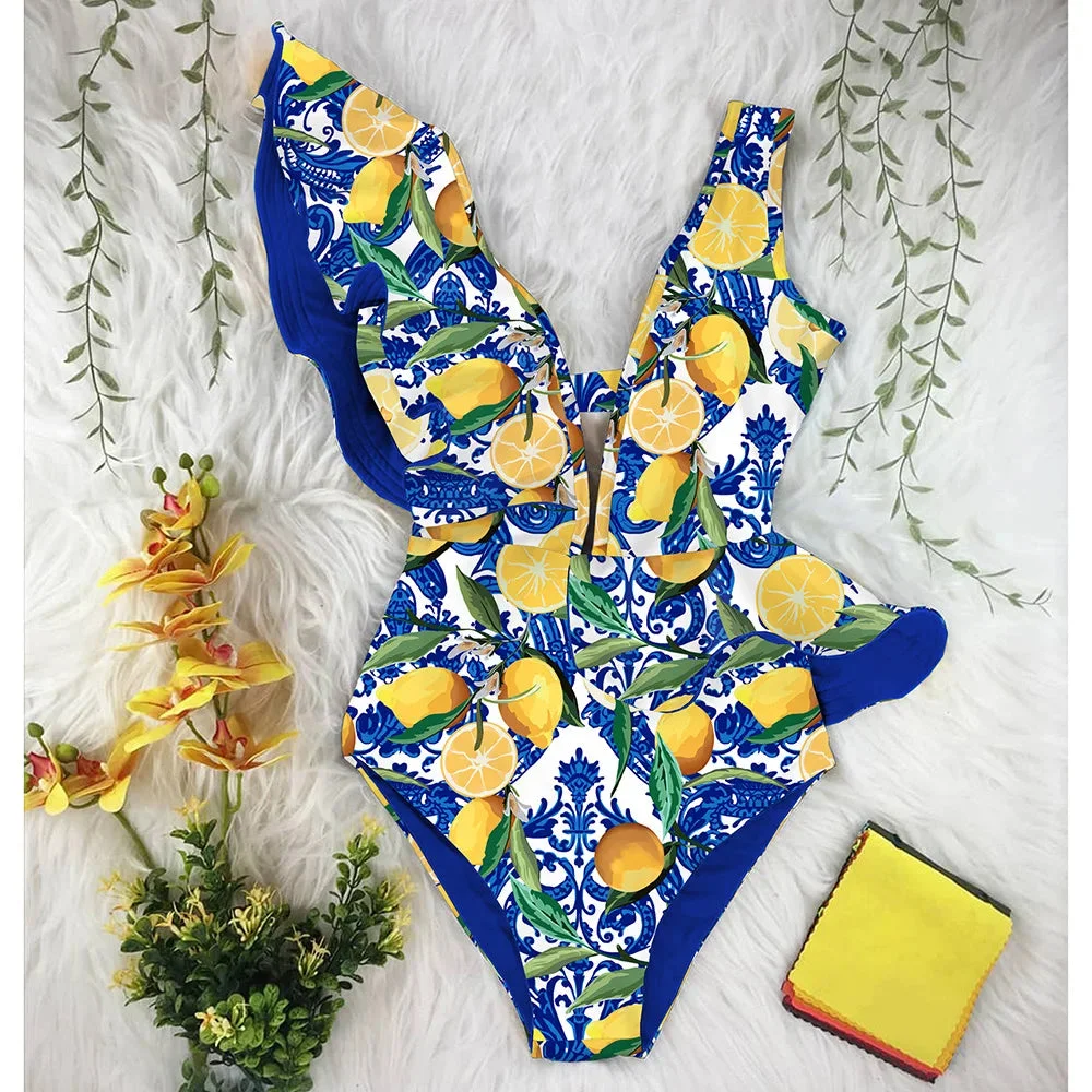 Huiketi New Print Swimwear Deep V-neck Ruffle Swimsuit Push Up One Piece Swimsuit Beach Wear Backless Monokini