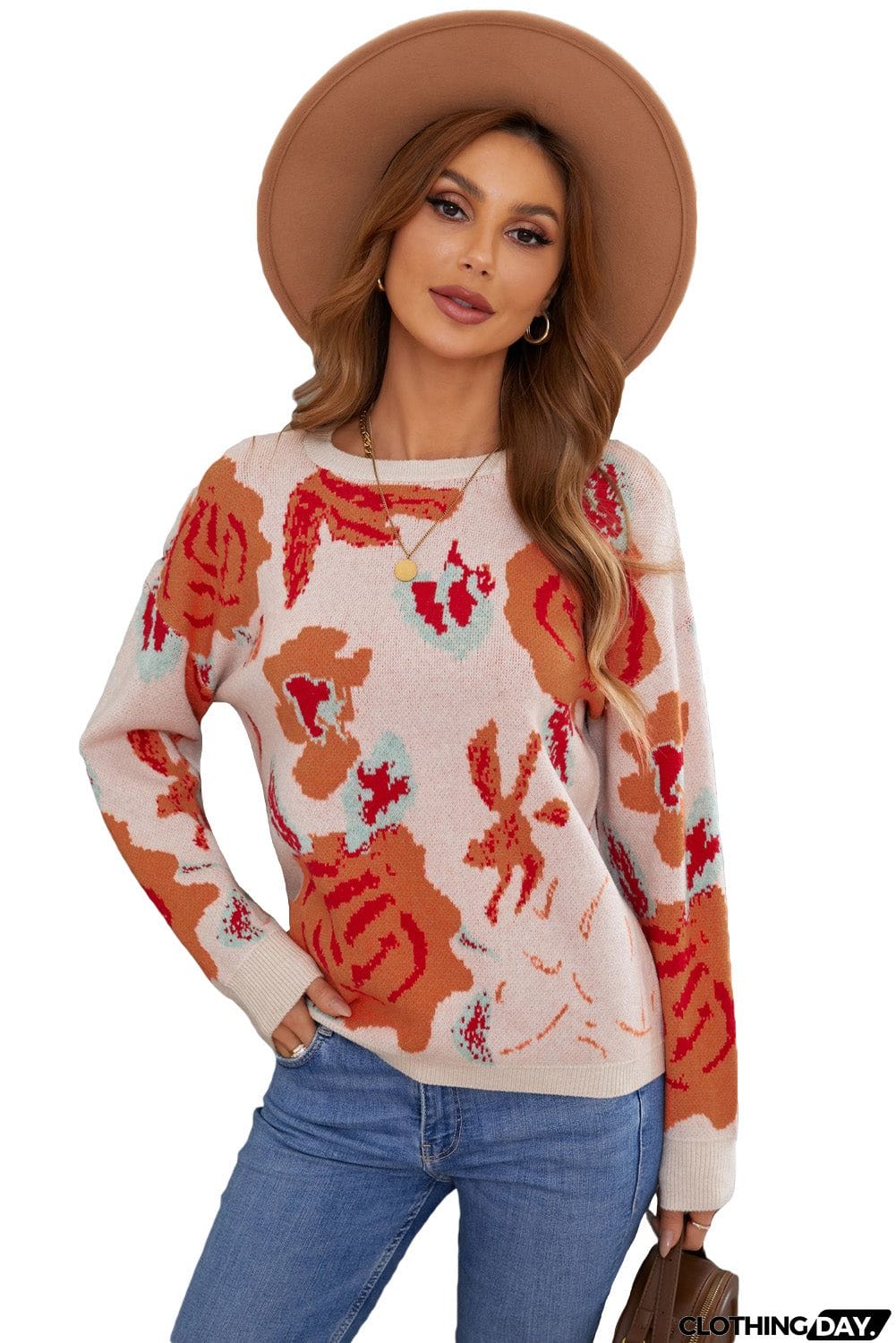 Floral Pattern Drop Shoulder Crew Neck Sweater