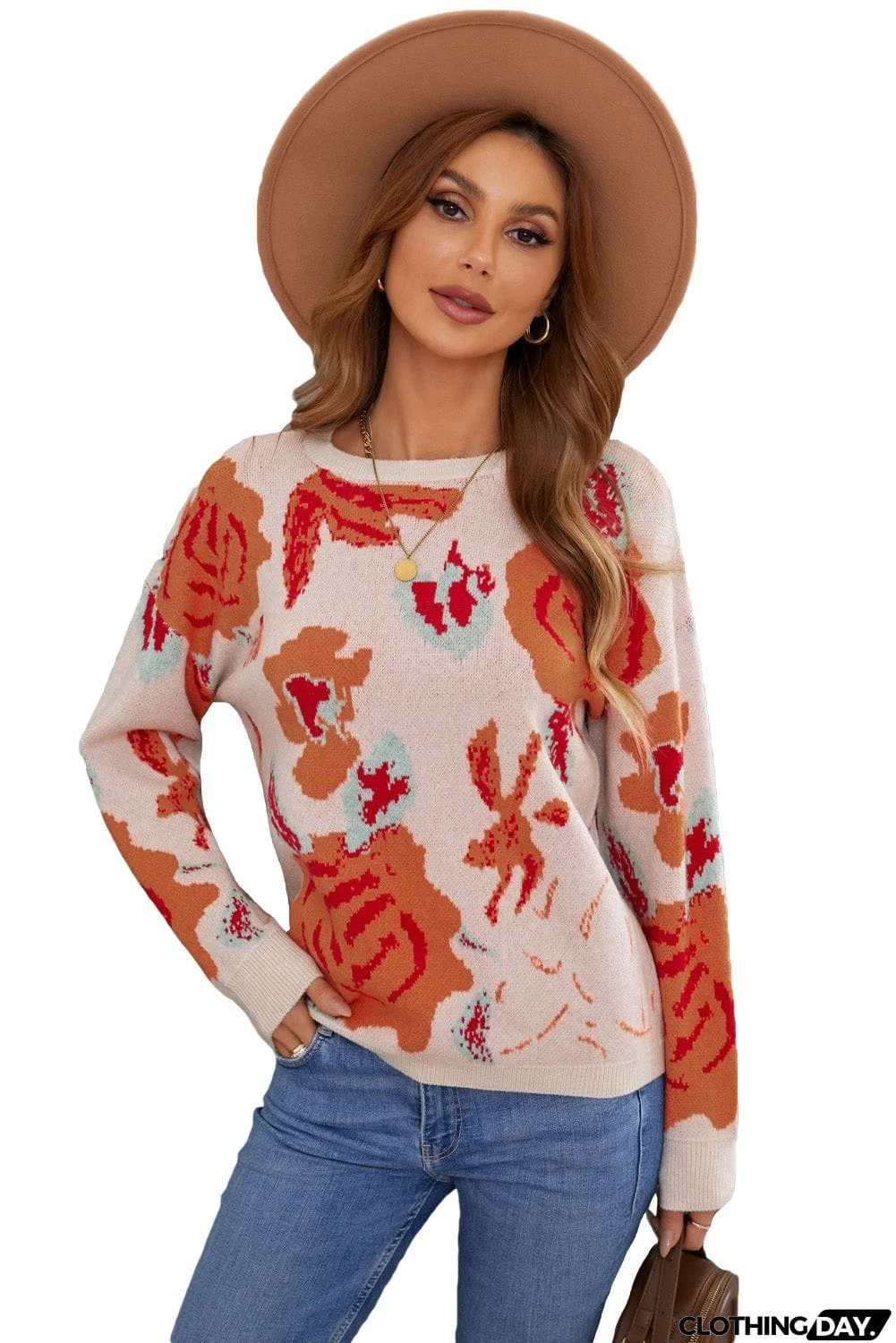 Floral Pattern Drop Shoulder Crew Neck Sweater