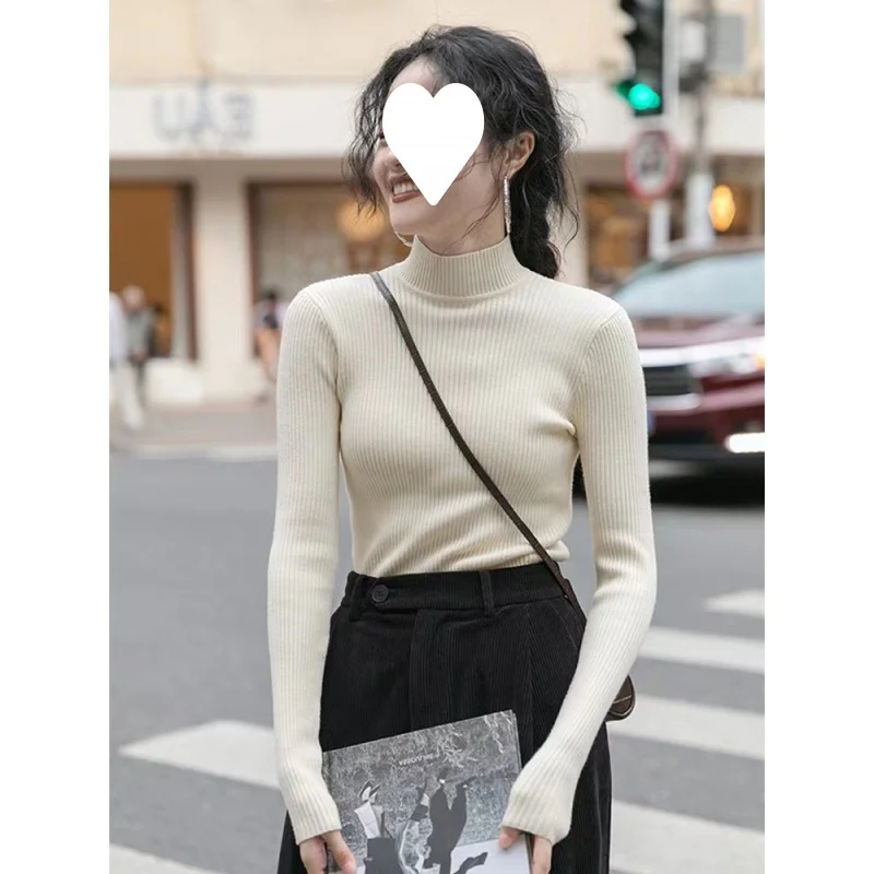 Brownm Brownm Collar Bottomed Shirt Women Autumn And Winter Folding Through The Ocean Gas Inside The Pit Sweater High-End Slim Slim Thin Knitting Top