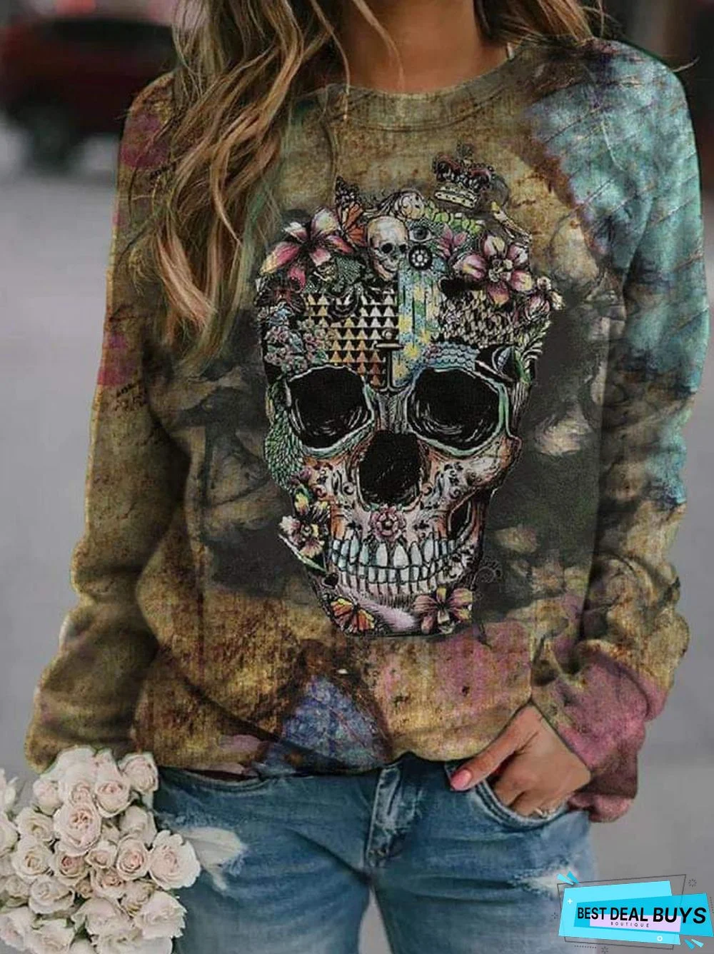 Skull Crew Neck Long Sleeve Vintage Sweatshirt